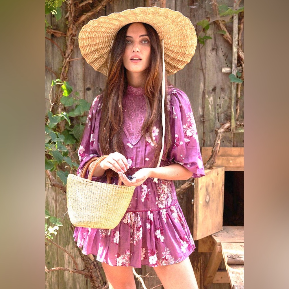 NWT LoveShackFancy Purple Floral Silk Blend Mini Dress Lace V-Neck Size P